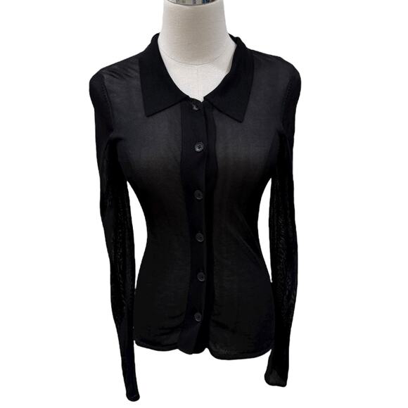 Good American Sheer Button-up Polo Shirt In Black - Picture 2 of 7